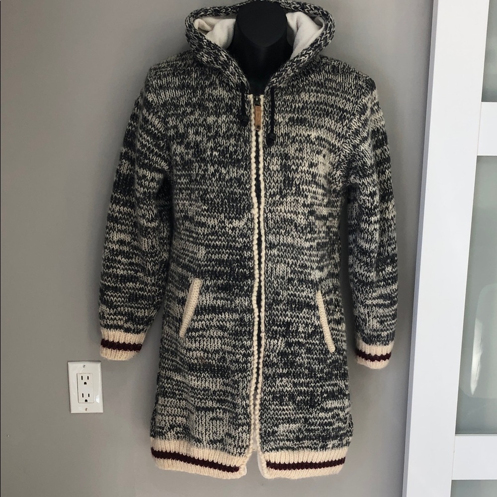 Ark Imports 100% Wool Knit Hooded Jacket | Women’s S/M | Grey & Cream